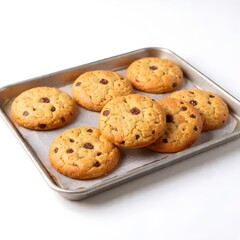 Freshly baked chocolate chip cookies on baking tray and white plate, golden brown, isolated on white background, studio lighting, food photography.
