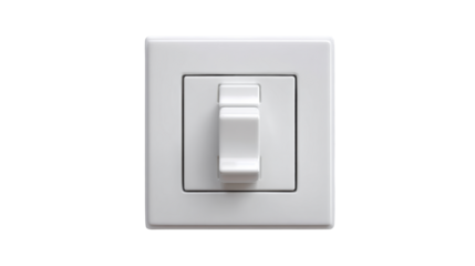 White plastic toggle switch controlling electric power, showing household light and electricity control on transparent background
