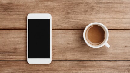 Wedding ceremony planning, A minimalistic setup featuring a smartphone and a cup of coffee on a wooden surface, creating a cozy atmosphere for work or relaxation.