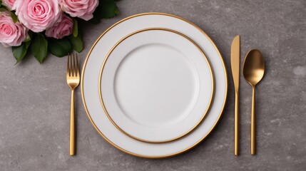 Wedding ceremony planning, A beautifully arranged dining set featuring elegant gold-trimmed plates and cutlery, complemented by delicate pink roses.