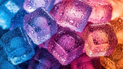 Vibrant colored ice cubes with water droplets