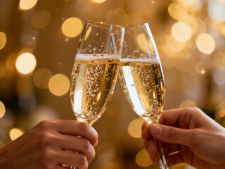 Champagne Toast Celebration with Sparkling Glasses and Golden Bokeh Background.