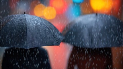 Wedding ceremony planning, Two figures with black umbrellas walk in the rain, with colorful bokeh lights in the background, creating a moody urban atmosphere.