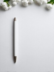 Wedding ceremony planning, A minimalist scene featuring a white pen and delicate white flowers on textured paper, creating a serene and elegant atmosphere.