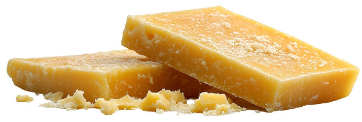 Stacked light orange yellow food pieces against transparent background