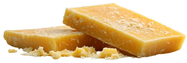 Stacked light orange yellow food pieces against transparent background