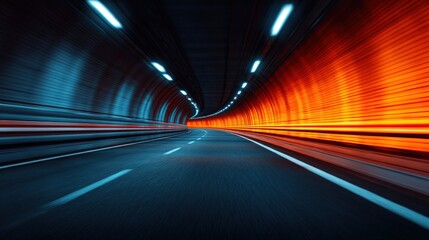 Wedding ceremony planning, A futuristic tunnel with vibrant blue and orange lighting creates a sense of speed and motion, leading toward a glowing exit.