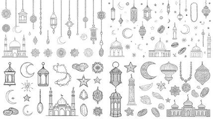 Illustration set of islamic ornaments lanterns mosques and crescent symbols in line art style suitable for ramadan eid religious prints and cultural decorations