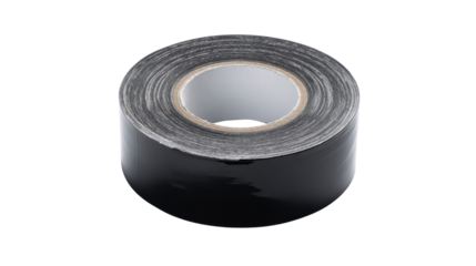 Black insulating gaffer tape roll for repair, construction, or temporary fixing on a transparent background