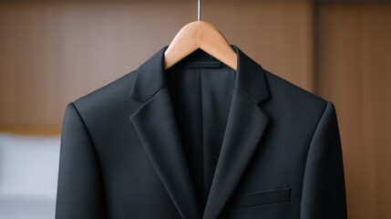 Wedding ceremony planning, A sleek black suit jacket hangs on a wooden hanger, showcasing timeless elegance against a softly blurred background.