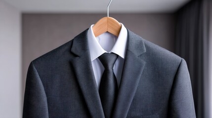 Wedding ceremony planning, A smartly tailored suit with a crisp shirt and tie, elegantly hanging on a wooden hanger against a modern backdrop.