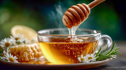 Delicious honey drizzles into a warm cup of herbal tea surrounded by fresh flowers and lemon