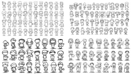 Collection of cartoon character outlines with expressive poses suitable for coloring books children education animation planning and character design practice