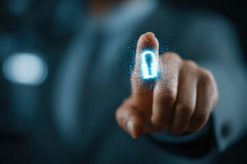 Businessman touches digital lock representing Access Management, User Authentication, Authorization, and Identity Governance in a high-quality setting