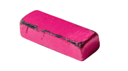 Pink rubber eraser, used and dirty, showing wear and tear, school or office supply on a transparent background