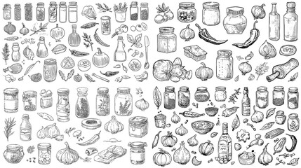 Hand drawn illustration set of kitchen ingredients jars bottles and food items in sketch style suitable for recipe books menus vintage designs and culinary concepts