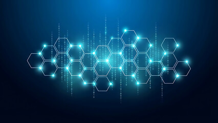 Fototapeta premium Abstract glowing blue hexagonal network background with digital data flow and futuristic technological connections