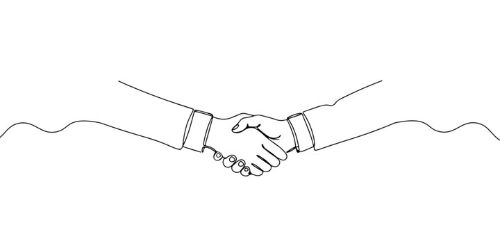 Continuous one line drawing of a person shaking hands with a consumer, symbolizing consumer trust, line art style vector illustration.