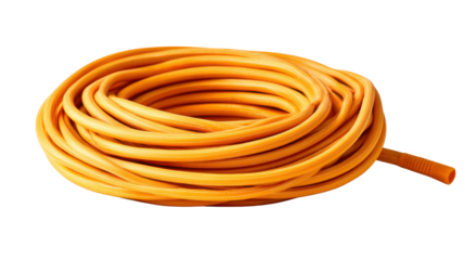 Orange plastic garden hose coiled and isolated, ready for watering plants, irrigation, and various outdoor uses