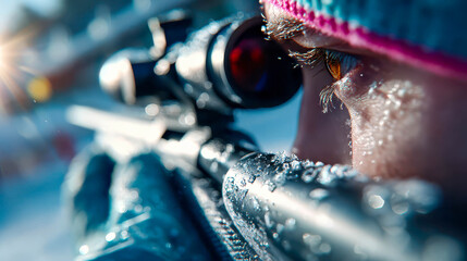 Targeting precision during a winter shooting session in a snowy landscape