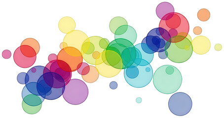 A vibrant collection of overlapping, translucent circular shapes in a spectrum of colors—including yellow, orange, red, green, blue, purple, and pink—creates a, isolated on transparent background.