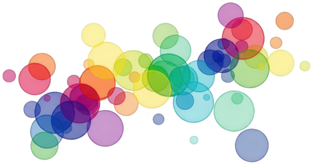 A vibrant collection of overlapping, translucent circular shapes in a spectrum of colors—including yellow, orange, red, green, blue, purple, and pink—creates a, isolated on transparent background.