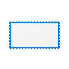 A pristine blank white rectangular empty postage stamp with a vibrant electric blue, wavy, finely perforated edge, isolated on a pure transparent background with soft shadows, macro studio product