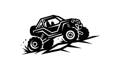 Off-road vehicle climbing a steep incline black and white illustration. © conell