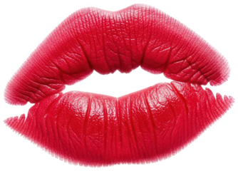 Lush, vibrant, and realistically rendered pair of full, glossy red lips with a subtle sheen and defined texture, slightly parted to reveal a glimpse of pearly, isolated on transparent background.