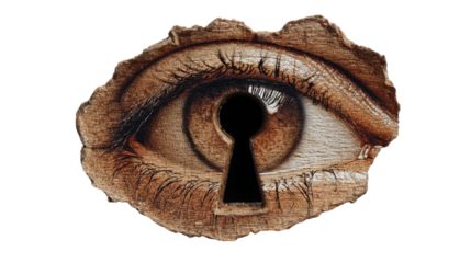 Eye with keyhole pupil representing mystery, secrets, hidden knowledge, insight, and finding solutions, transparent background