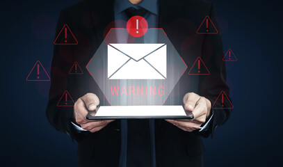 Digital warning mail interface highlights email threat detection, security monitoring, and proactive prevention of phishing and malware intrusions. Parse