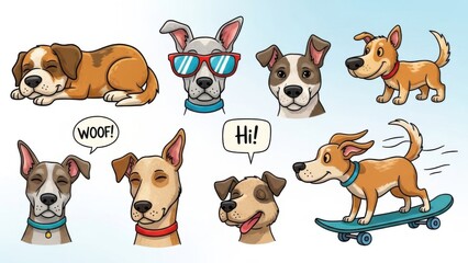 Cartoon dogs in various fun poses and expressions