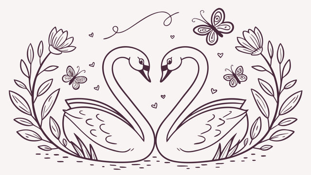 an intricate floral wreath design featuring two swans forming a heart shape a delicate illustration silhouette