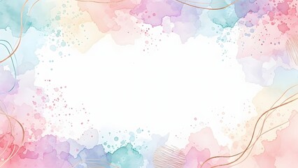 Gentle watercolor border with delicate gold lines and colorful paint splatters on a white background