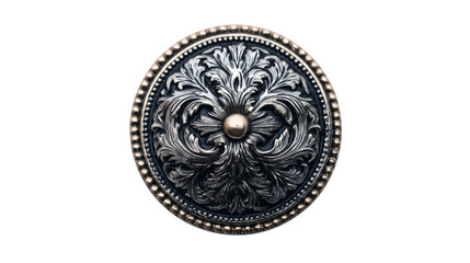 Ornate round metal medallion with vintage filigree engraving featuring a central golden bead detail, transparent background