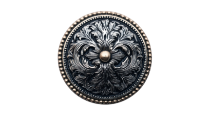Ornate round metal medallion with vintage filigree engraving featuring a central golden bead detail, transparent background