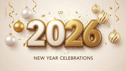 Luxurious golden 2026 New Year celebration design with elegant festive ornaments and sparkling confetti