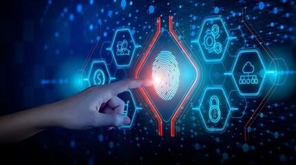 Biometric authentication and digital security concept with hand touching fingerprint scan on futuristic interface