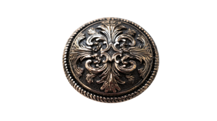 Vintage metal button with ornate filigree pattern, elegant round antique clothing accessory on transparent background