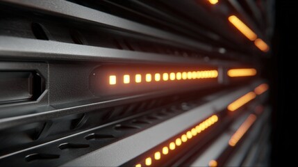 Close-up of a server rack with multiple rows of orange led lights. the lights are arranged in a grid-like pattern, creating a tunnel-like effect.