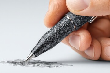 Close-up of hand holding black fountain pen and drawing scribbles on white background revealing artistic texture, detail, and creative potential