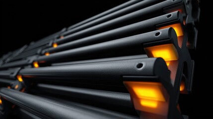 Close-up of a group of black metal rods with orange glow emanating from them. the rods appear to be made of metal and have a sleek, modern design.