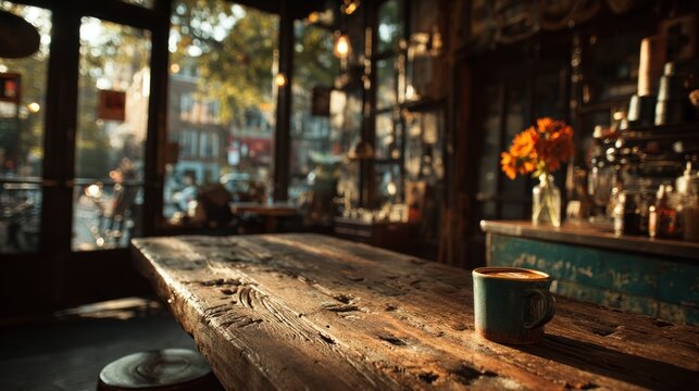 Cozy cafe scene with a coffee, warm light, and cityscape outside