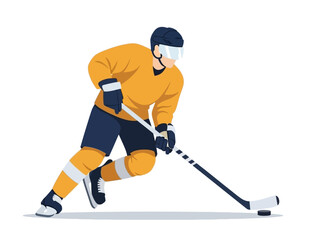 Obraz premium A hockey player in action, skating and hitting the puck on the ice rink from a side view