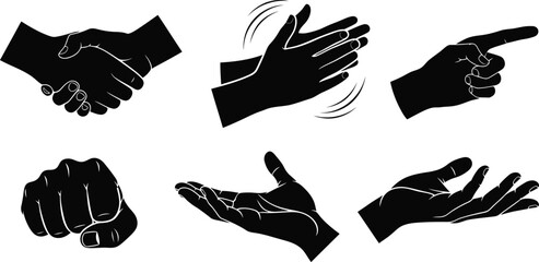 Silhouette vector set of 6 hand signs handshake clapping pointing finger fist and open palm
