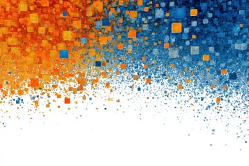 Falling colorful pixelated squares of orange and blue on a white background creates a modern abstract design