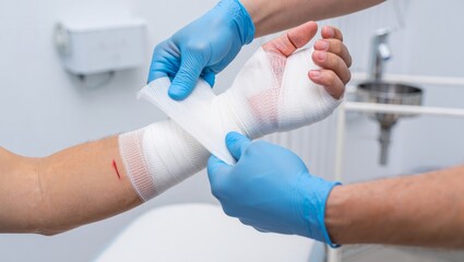 Rehab clinic close-up therapist wrapping bandage on injured wrist, clean medical setting photo