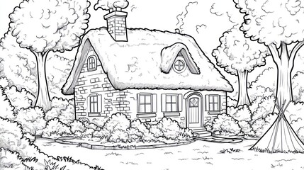 Obraz premium Thatched cottage, woodland setting, peaceful scene, coloring book page