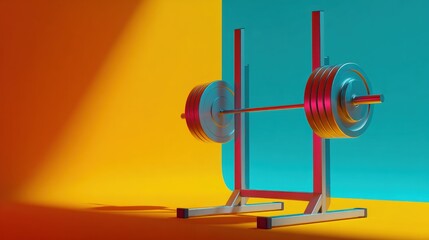 Barbell on a stand with a blue and orange background. the barbell is in the center of the image, with two barbells on either side of it.