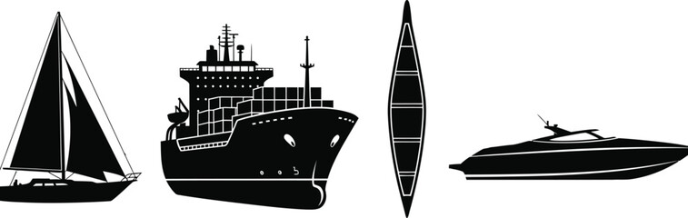 Silhouette illustration set of 4 water transport sailboat cargo ship canoe and speedboat side view